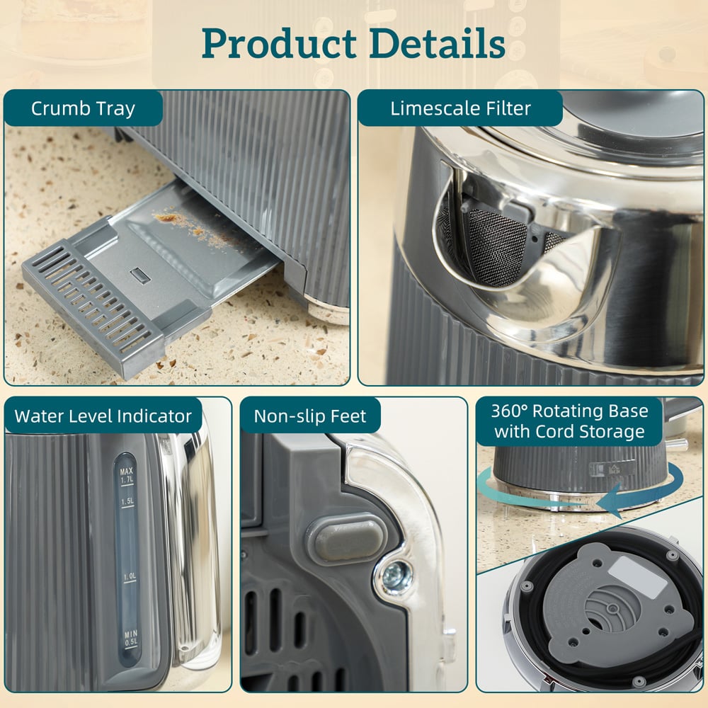 HOMCOM 800-266V70GY Grey 1.7L Rapid Boil Kettle 3000W and 4 Slice Toaster Set Image 3