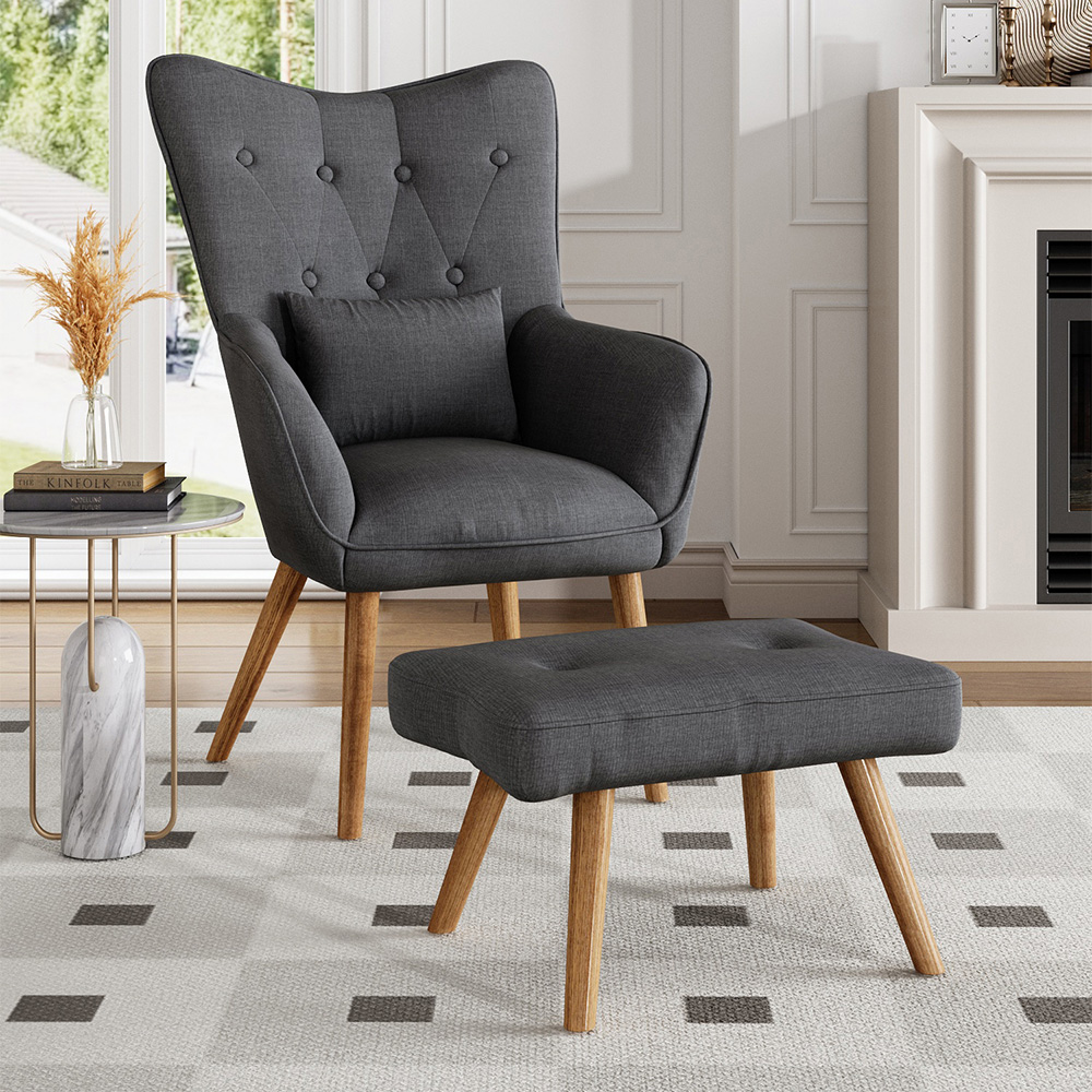 Living and Home Grey Classic Linen Armchair with Cushion and Footstool Image 5