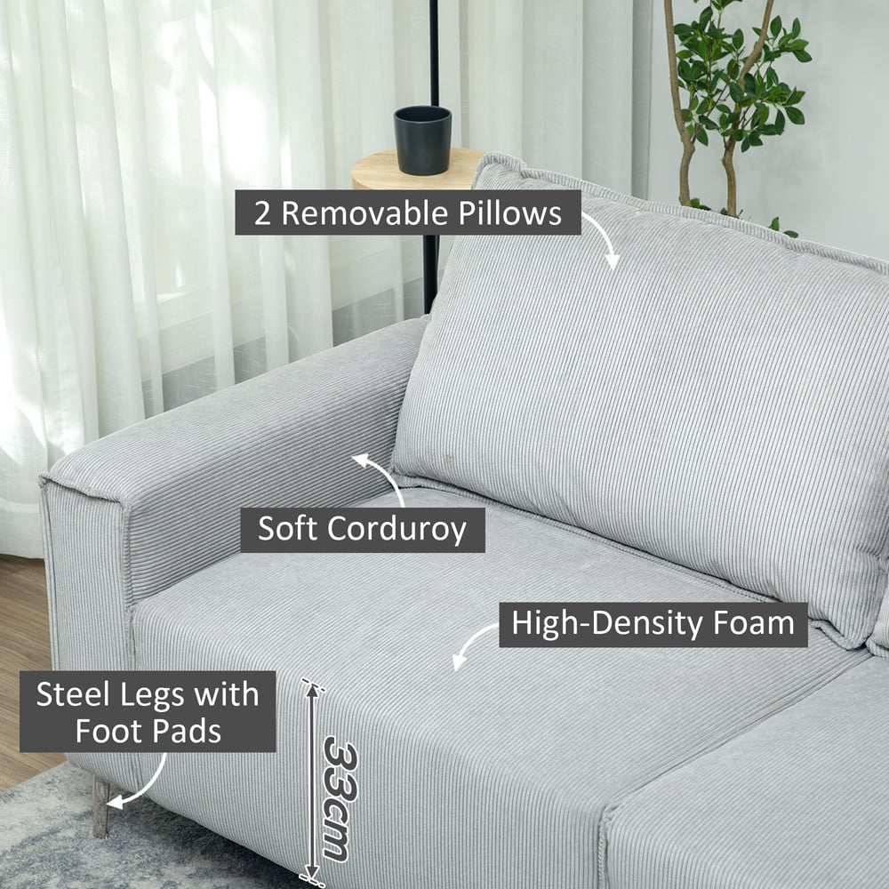 HOMCOM 3 Seater Light Grey Upholstered Corduroy Sofa Image 5