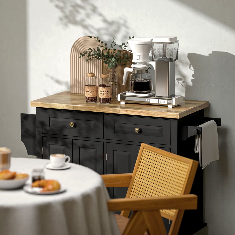 HOMCOM 4 Door 2 Drawer Black Rolling Kitchen Storage Cart Image 3