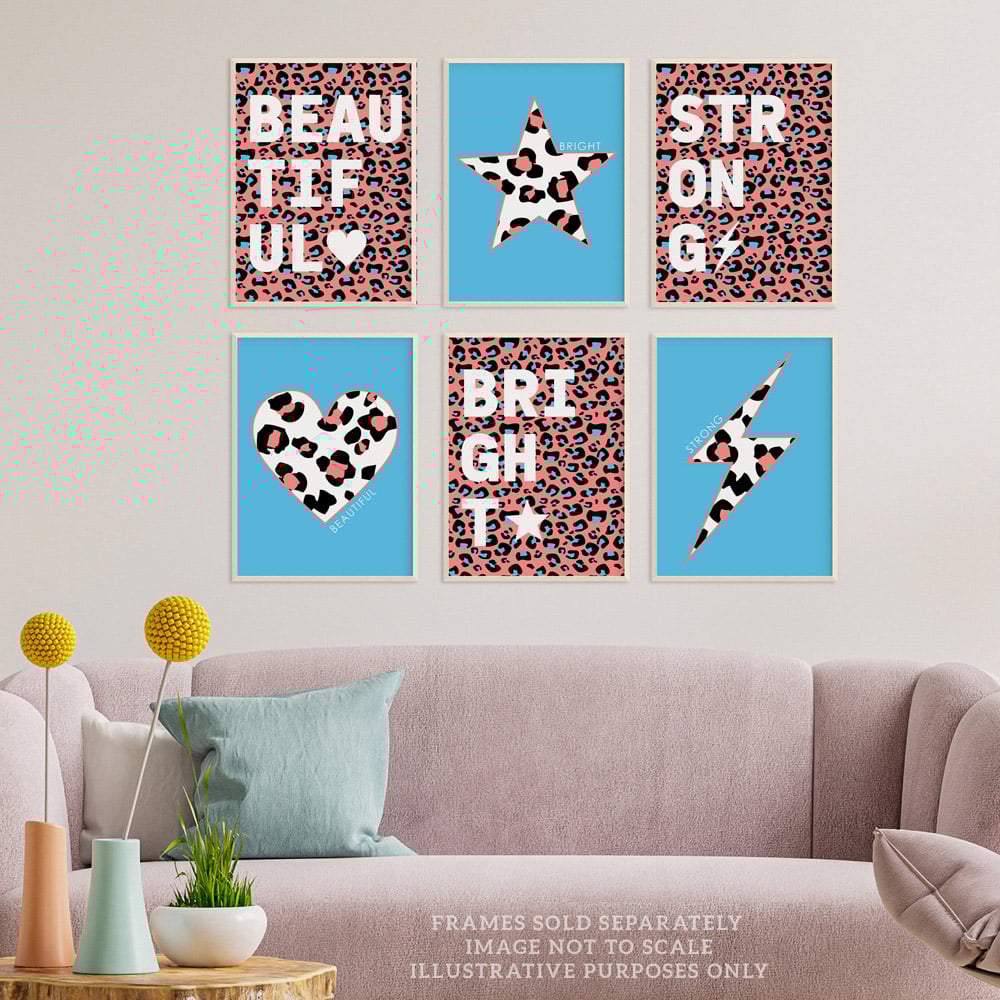 Wee Blue Coo Blue and Pink Leopard Pattern Bold Shapes Wall Art Print 30 x 41cm 6 Pack Image 2