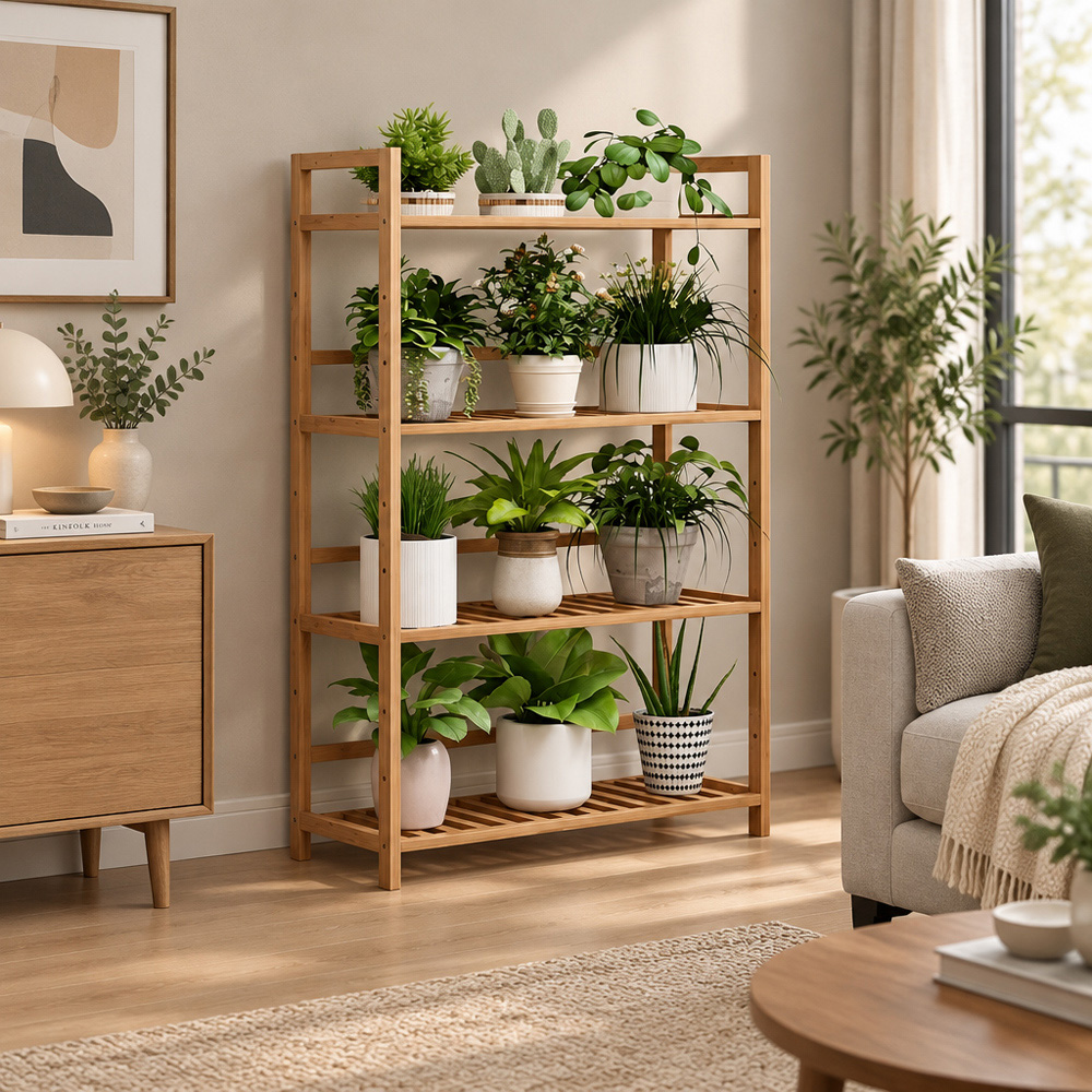 Modcraft 4 Shelf Bamboo Plant Stand Ladder with Adjustable Shelves Image 4
