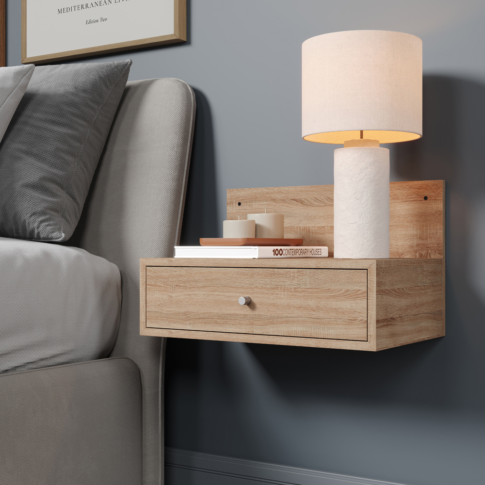 Core Products Kelly Single Drawer Oak Effect Wall-Mounted Open Bedside Table Set of 2 Image 7