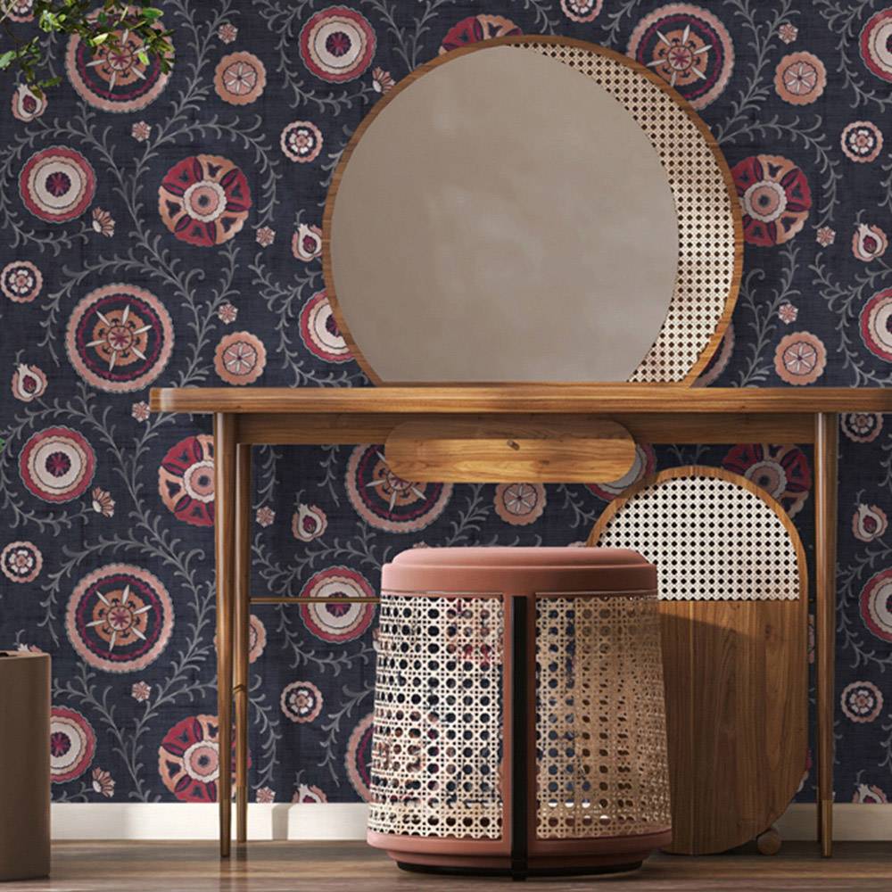Esselle Home Nahlia Trail Navy and Berry Wallpaper Image 3