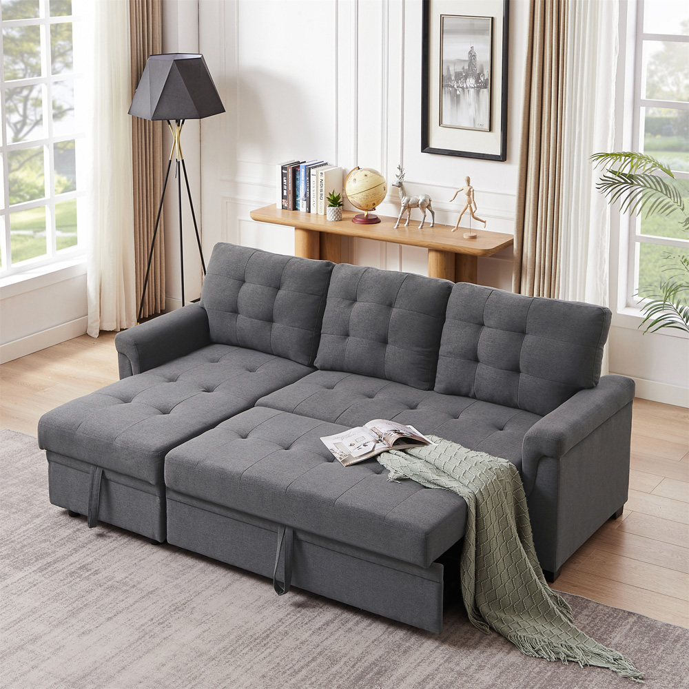 Furniture One 3 Seater Light Grey Linen Corner Storage Sofa Bed Image 8
