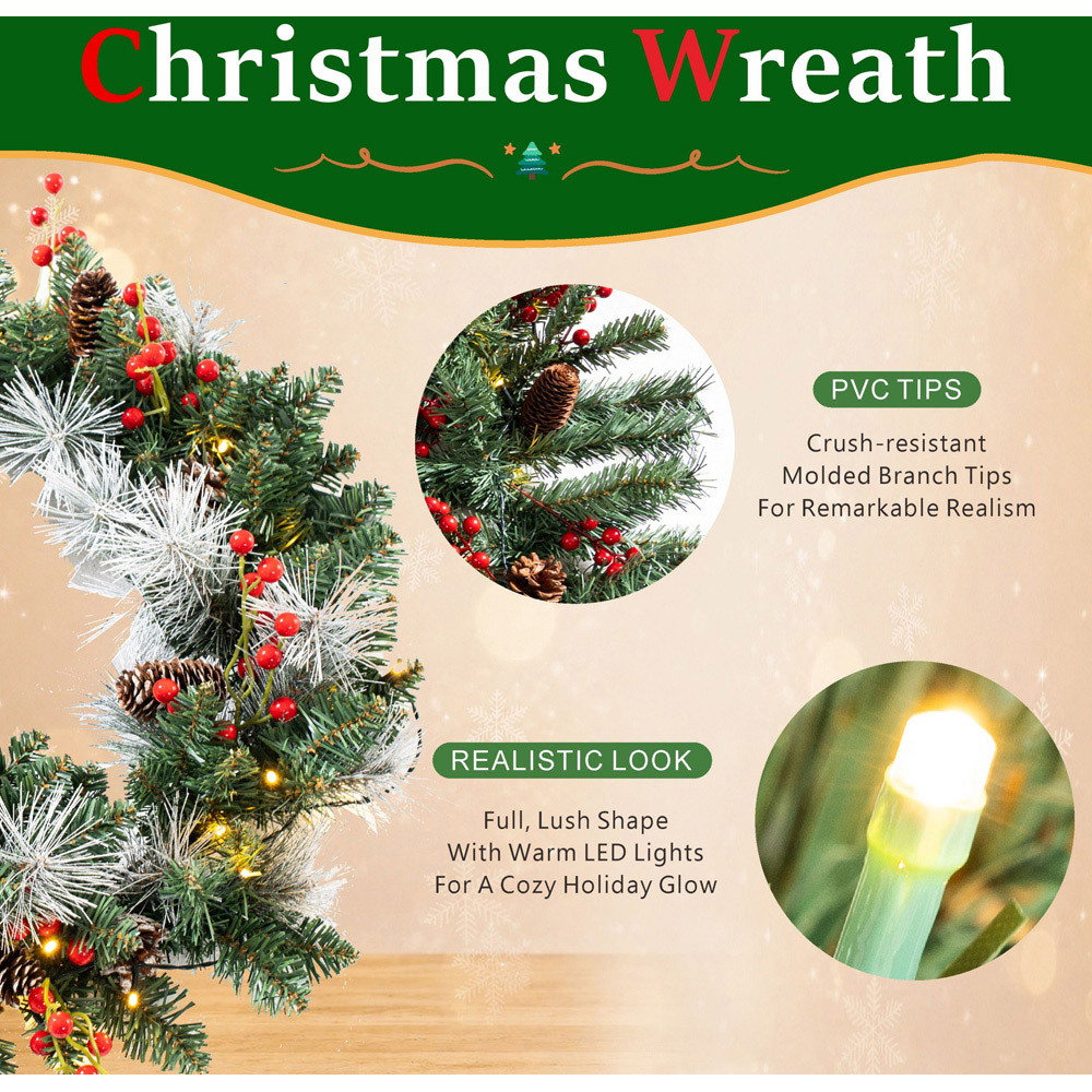 Abrihome 35 Warm White LED Artificial Cypress Christmas Wreath with 120 Tips and 10 Pinecones 50cm Image 6