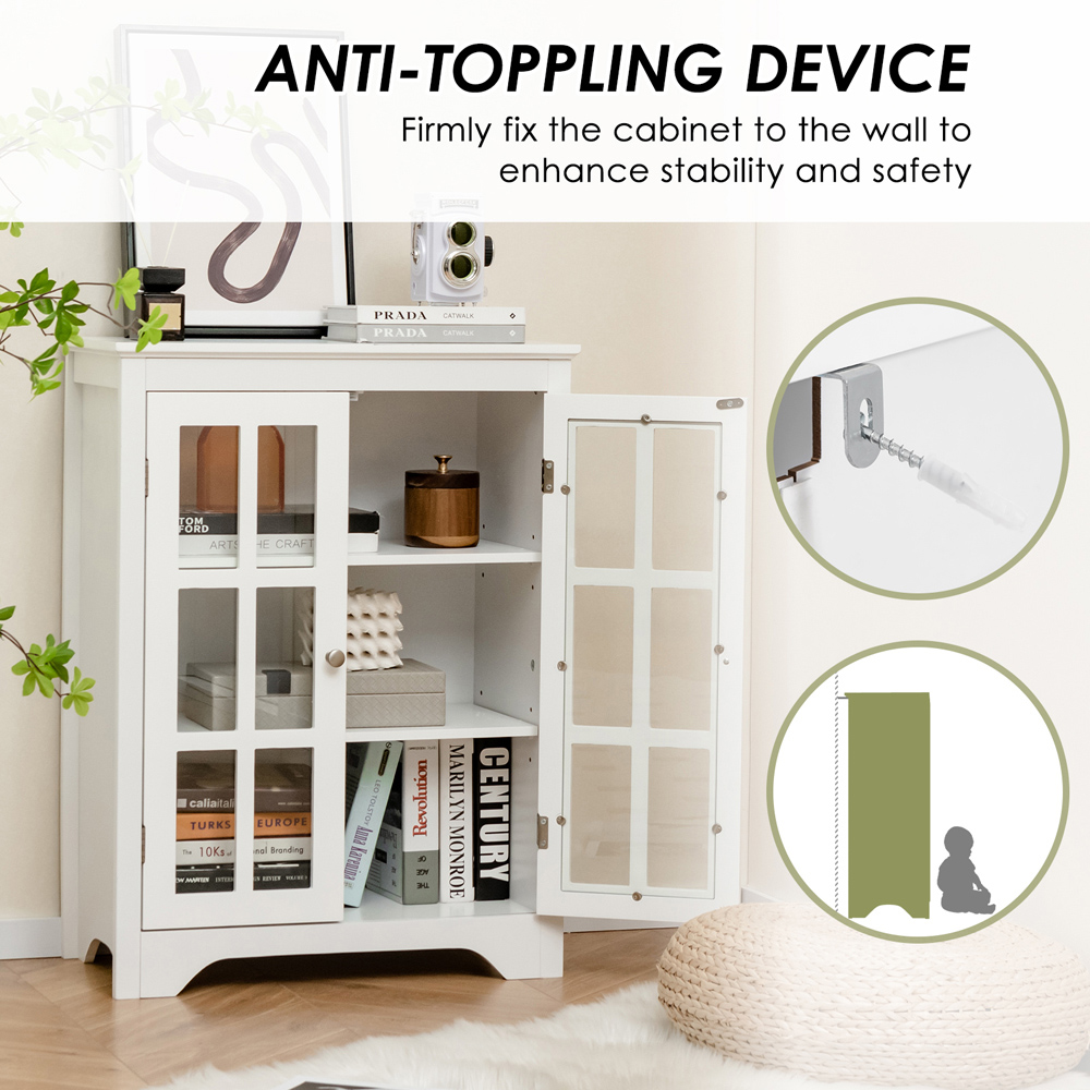 Costway 2 Door White Glass Floor Cabinet with Adjustable Shelves Image 6