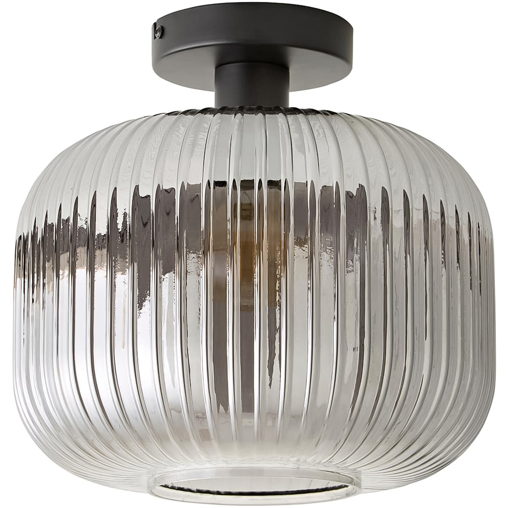 ValueLights Calpe Ribbed Smoked Glass Shade Matte Black Flush Ceiling Light with Bulb Image 1