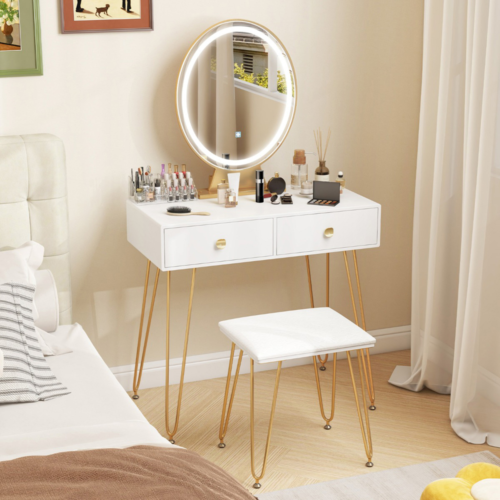 Costway White Vanity Desk Set with LED Mirror and Cushioned Stool Image 5