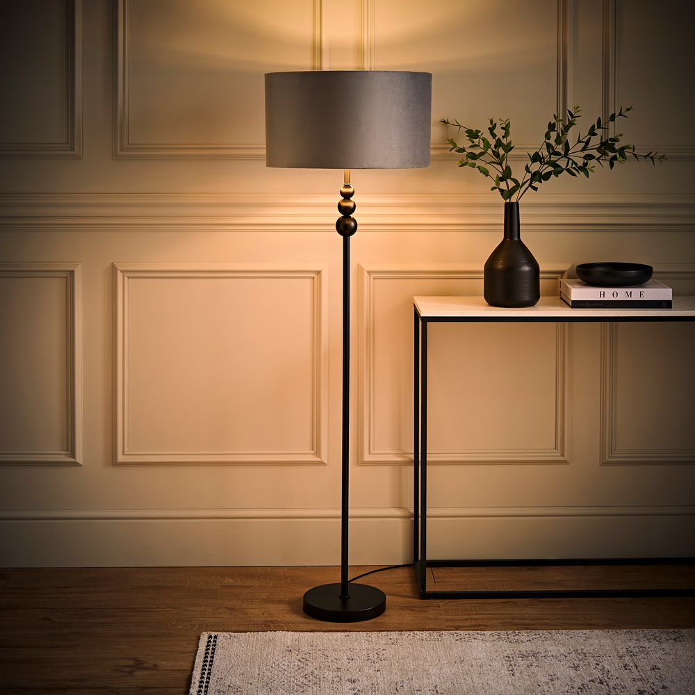 ValueLight Marissa Grey Velvet Chrome Inner Shade Black Stacked Ball LED Floor Lamp Image 6