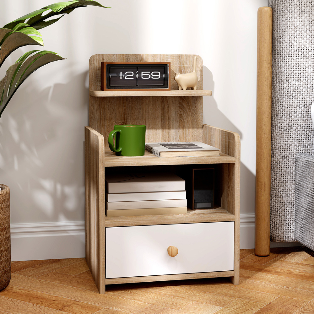 Portland Single Drawer 3 Shelf Natural Wood Effect Bedside Table Image 6