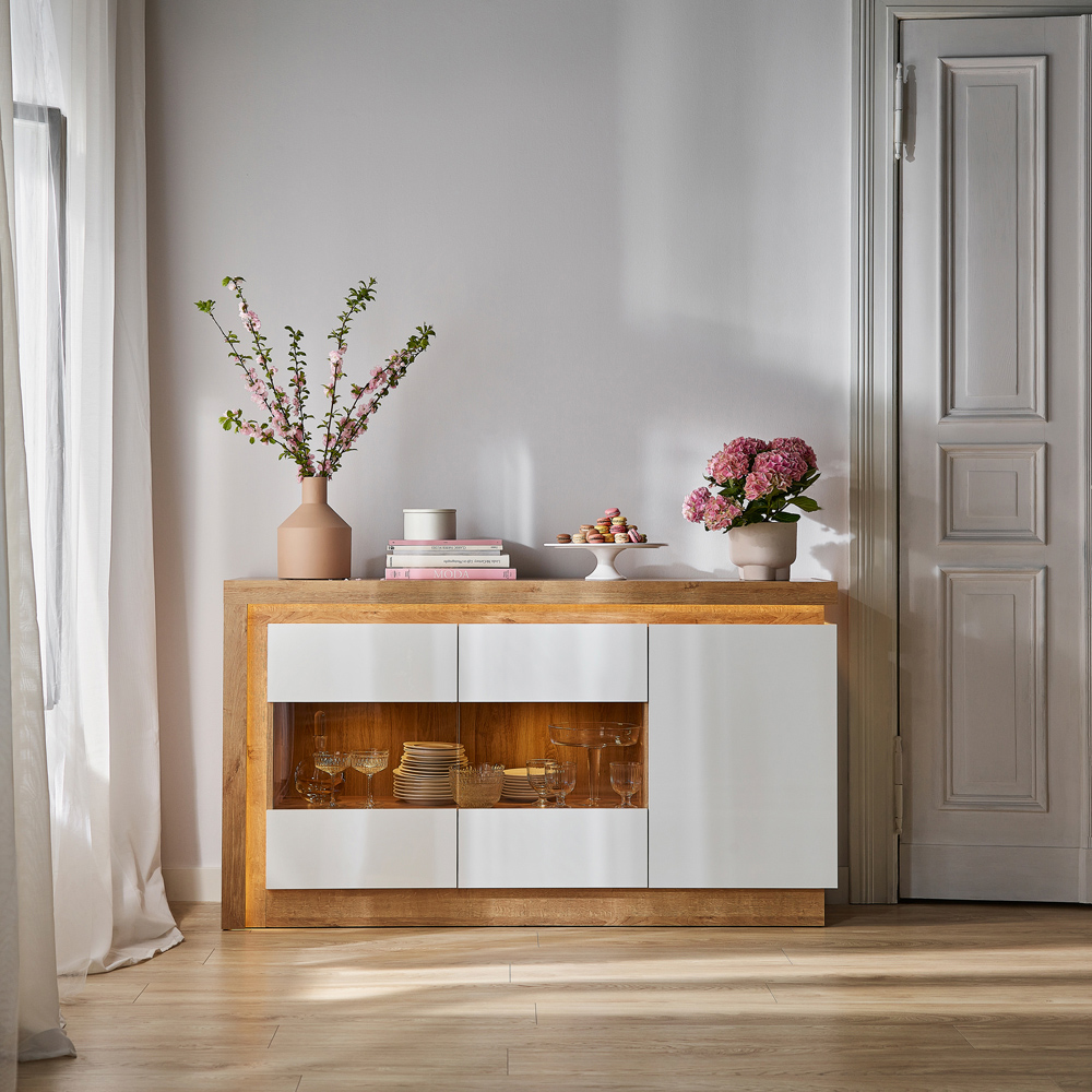 Florence Lyon 3 Door Glazed Riviera Oak and White Sideboard with LED Lighting Image 7