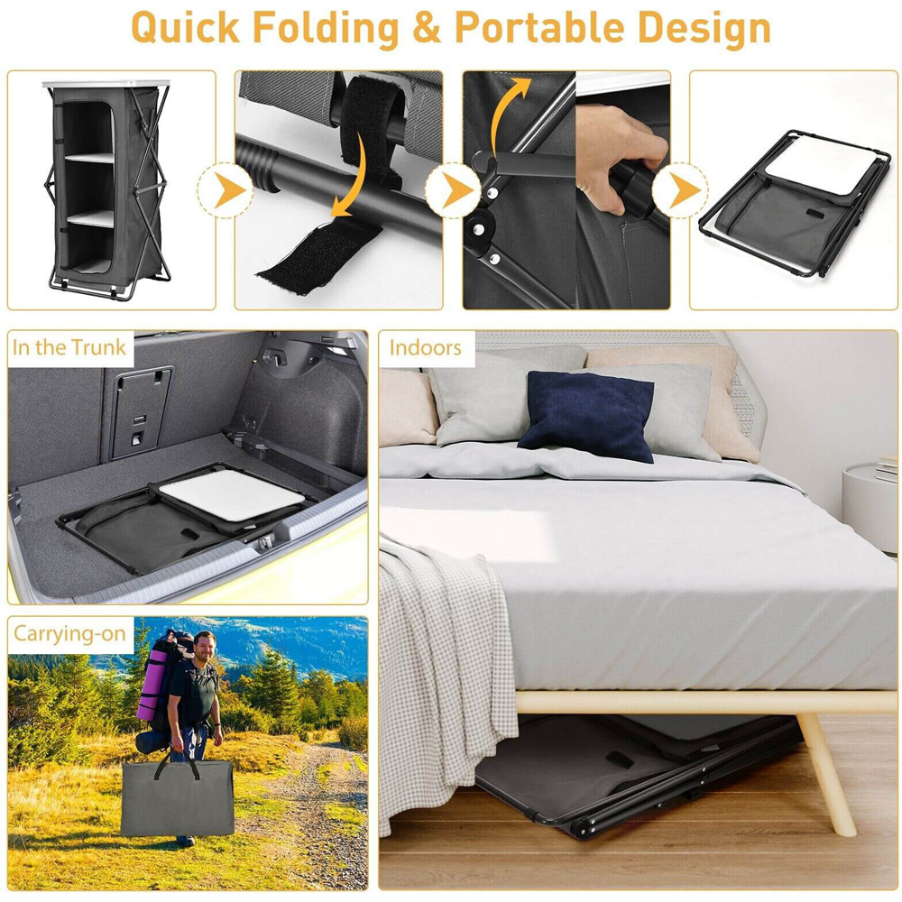 Costway 3 Shelf L Size Grey Foldable Camping Storage Cabinet with Carry Bag Image 7