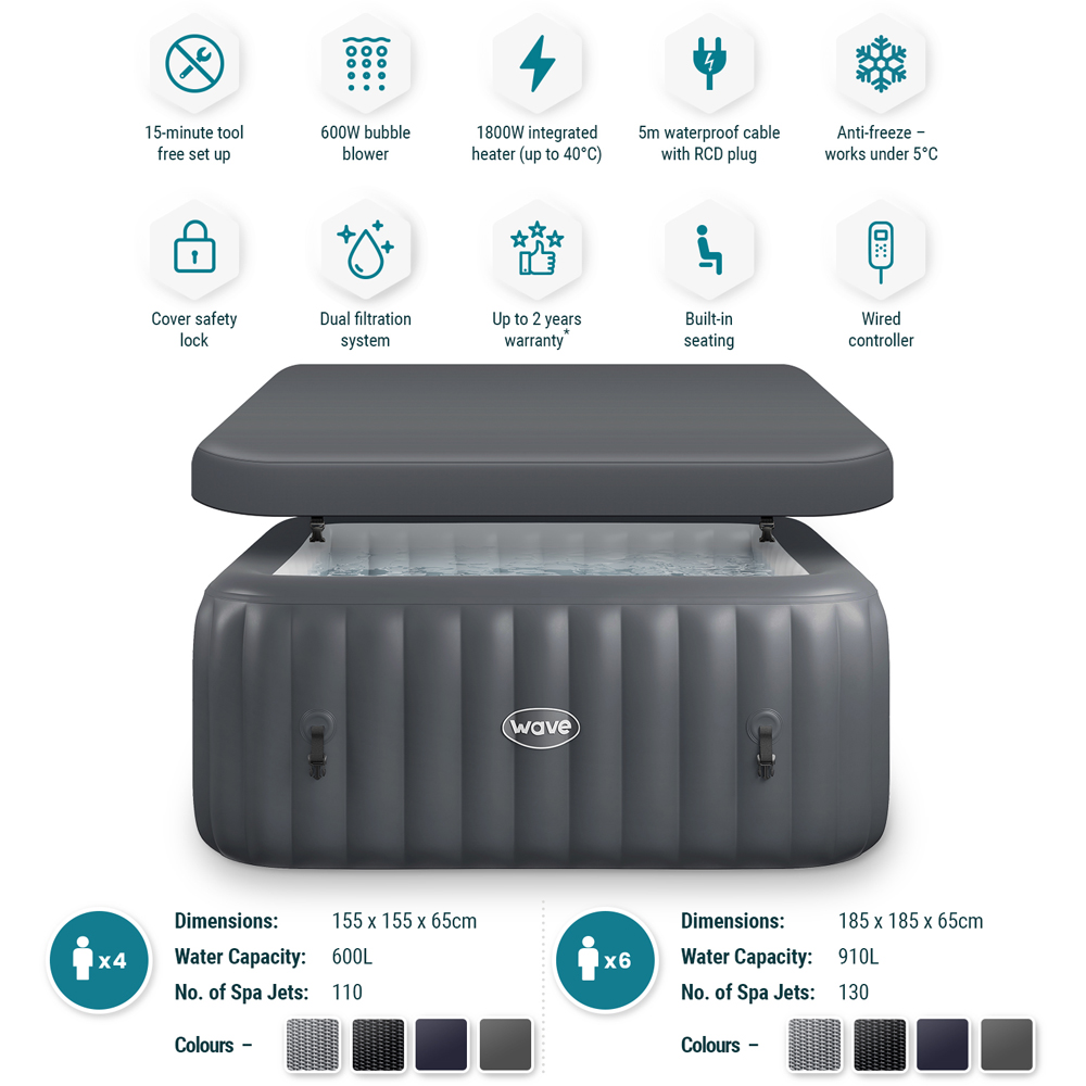 Wave Pacific 6 Person Dark Grey Square Inflatable Hot Tub with EnergySave Bundle Image 6
