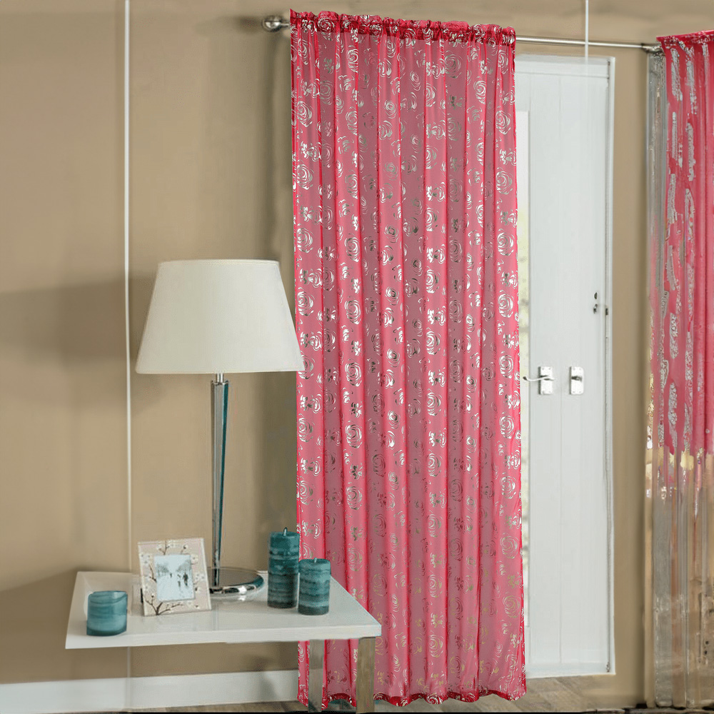 Velosso Geneva Red Foil Flower Voile Panel Curtain 150 x 183cm Image 1