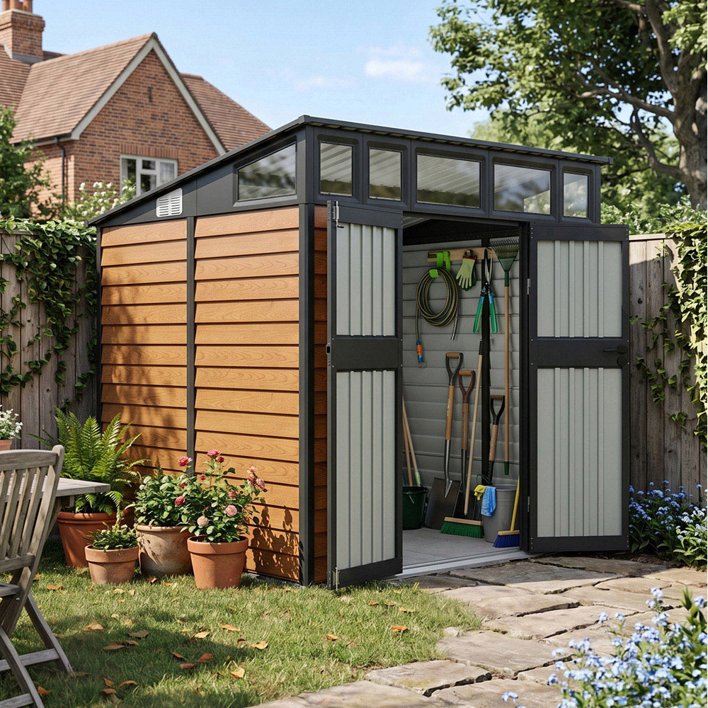 Living and Home 8 x 7ft Wood Grain Finish Metal Pent Garden Shed Image 2