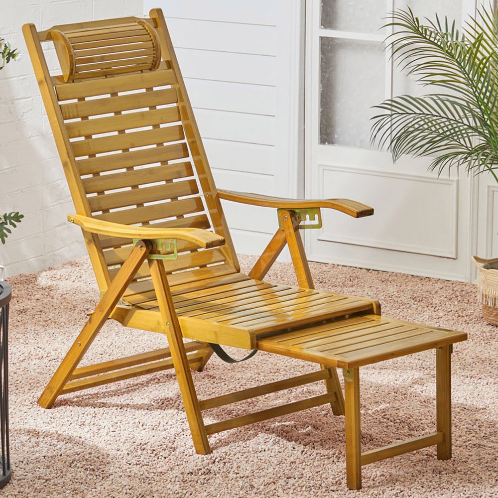 Living and Home Bamboo Foldable Recliner Lounge Chair with Footrest Image 1