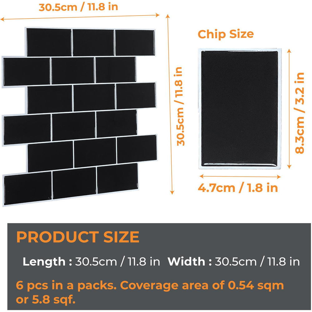 Walplus London Metro Classic Bric Pure Black 3D Peel and Stick Backsplash Tile Sticker 6 Pack Image 8
