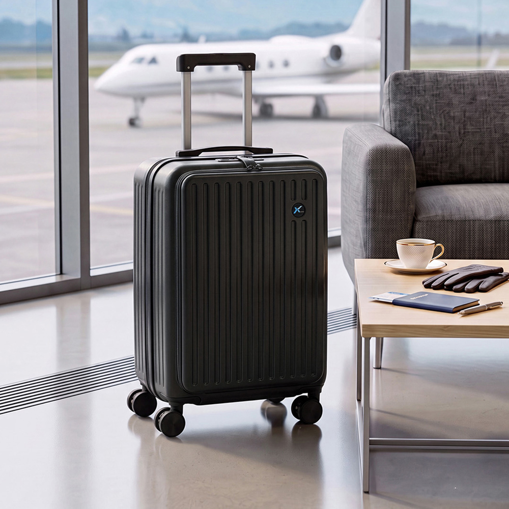 H&O Direct Black Hard Shell Suitcase with Front Pocket Cup Holder and USB Port 20 inch Image 2