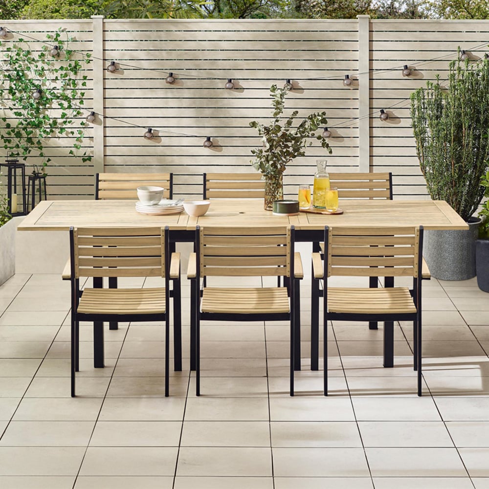 Furniturebox Mallow 6 Seater Teak Finish Wood Outdoor Extending Dining Set Image 1