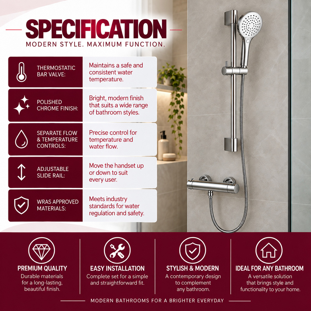 Go Bathrooms PureFlow Chrome Round Thermostatic Bar Shower Kit Image 5