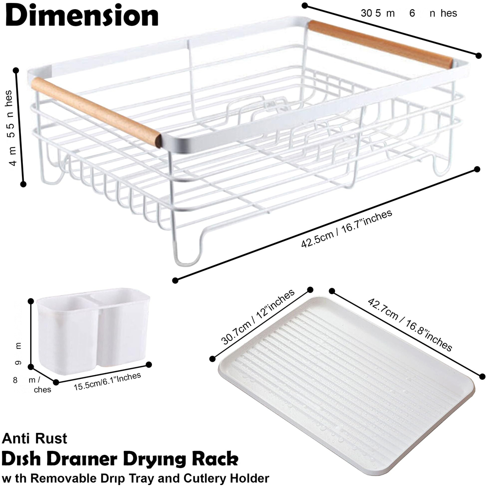 ATEK White Wooden Handle Dish Drying Rack with Drain Tray and Cutlery Holder Image 9