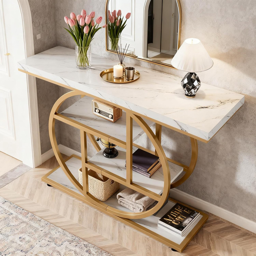 Alivio 4-Tier White and Gold Rustic Wood Double Round Metal Frame Console Table Image 5