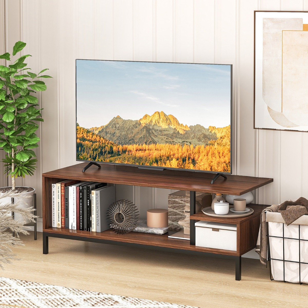 Costway 2 Shelves Walnut Industrial TV Unit Image 3