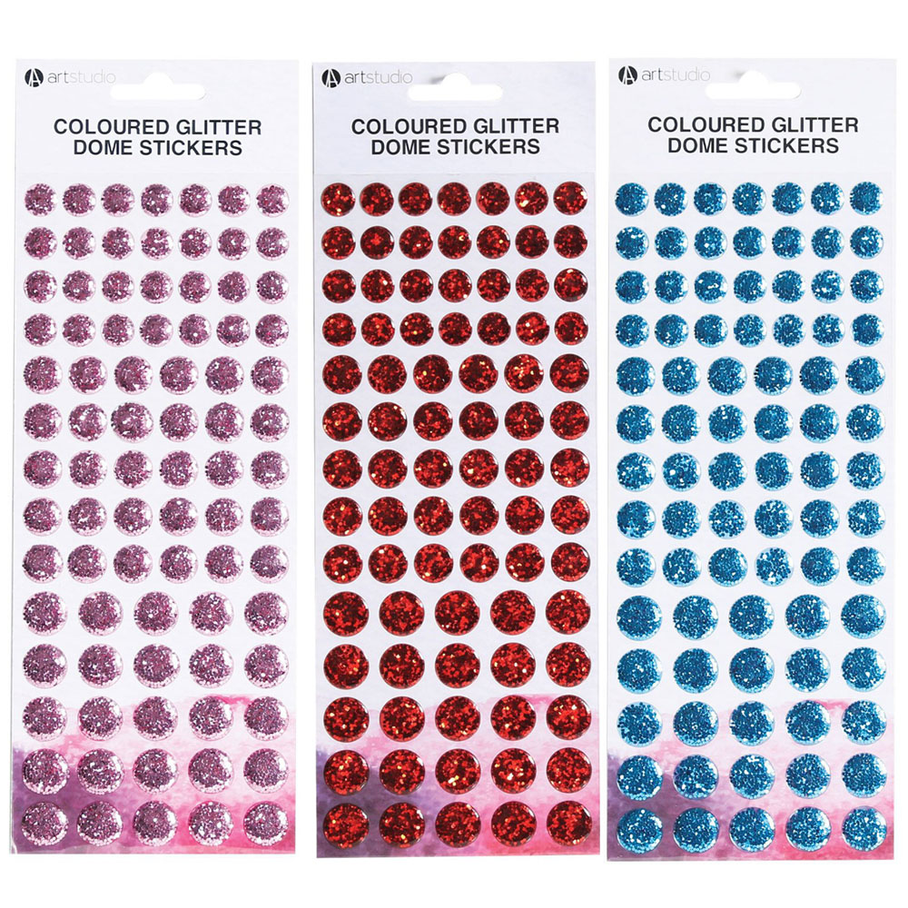 Art Studio Glitter Dome Stickers - Blue/Pink/Red Image 1