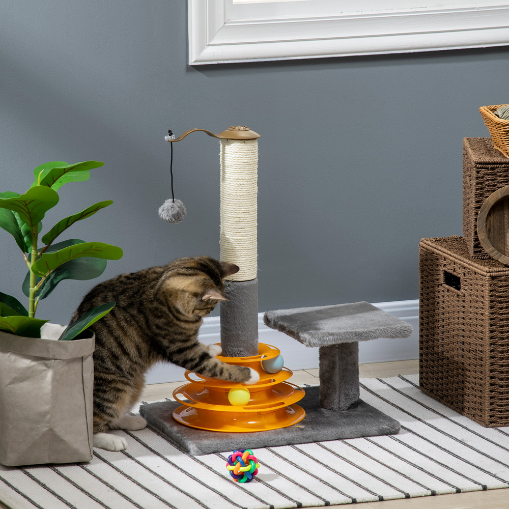 PawHut Grey Indoor Cat Tree Scratching Post with Toys Image 2