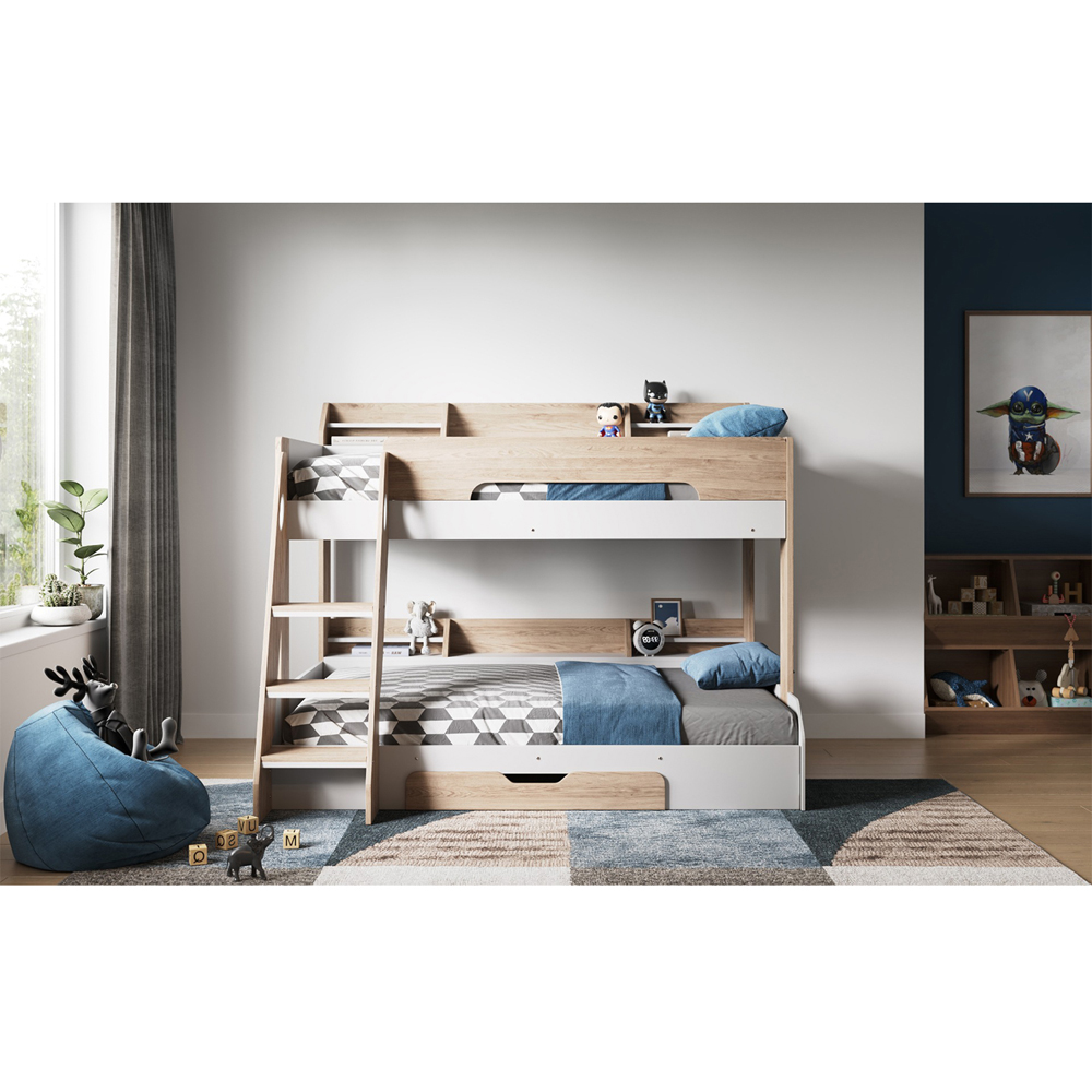 Flair Flick Triple Sleeper Oak Single Drawer Wooden Bunk Bed with Shelves Image 2