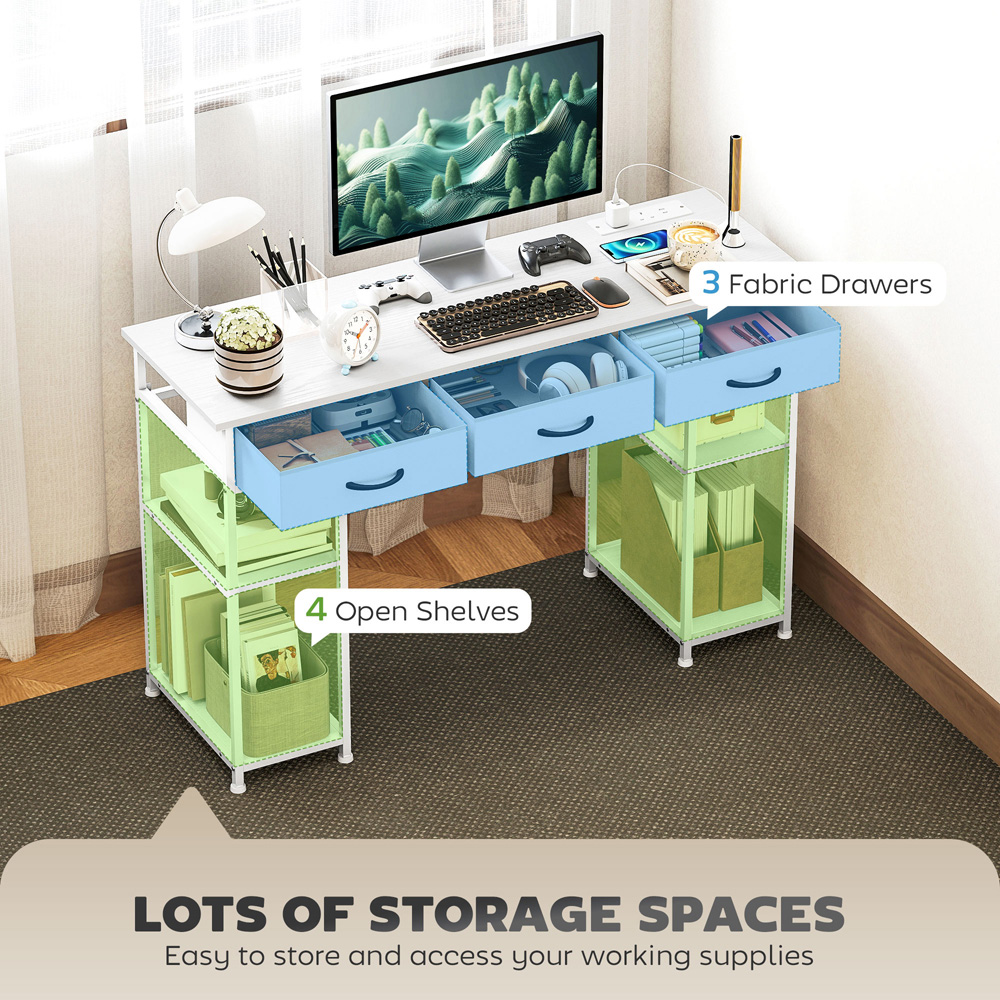 HOMCOM 3 Drawer 4 Shelf Computer Desk with Power Outlets White Image 4