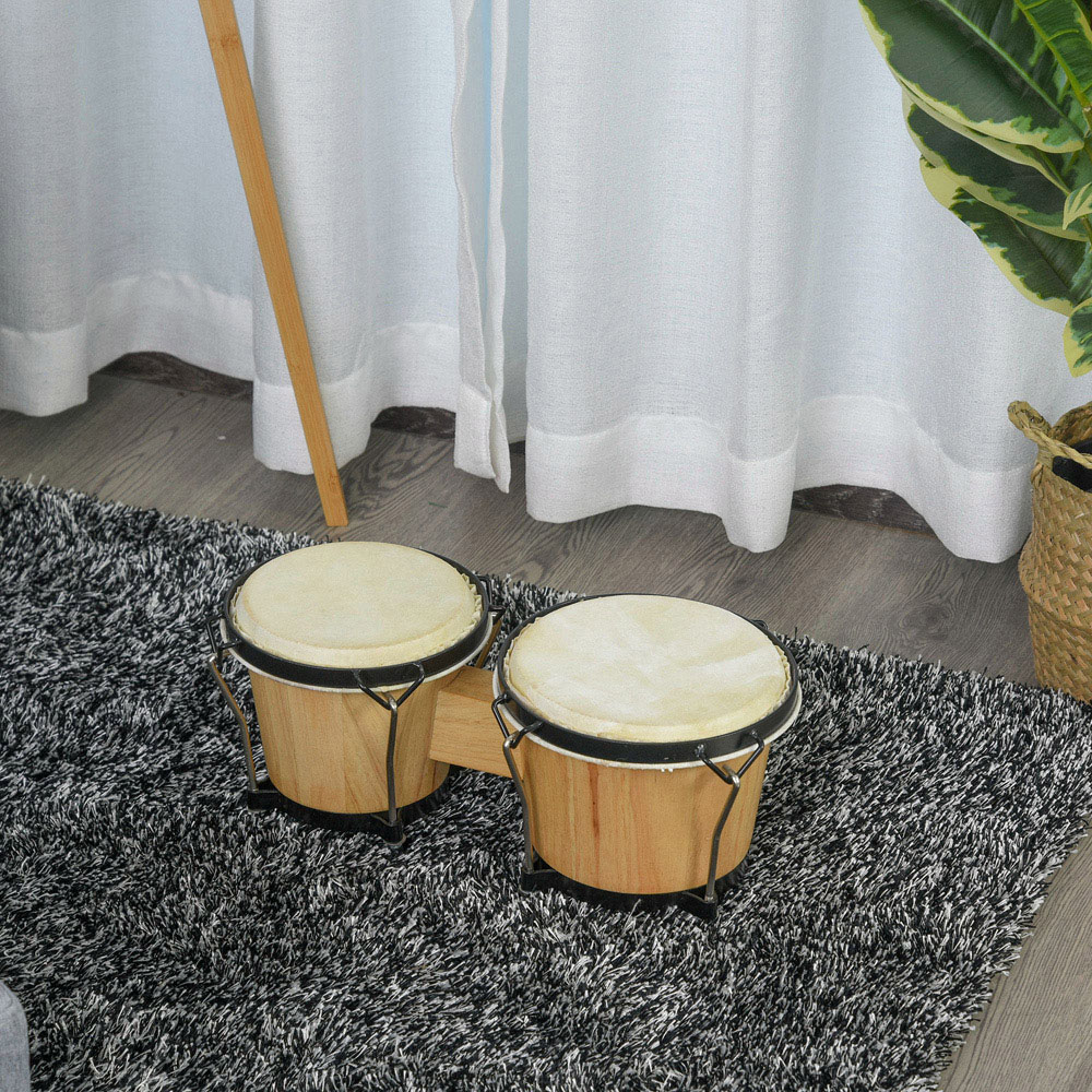 HOMCOM Sheepskin Drum Head Wooden Bongo Drum Set with Tuning Wrench and Bag Image 2