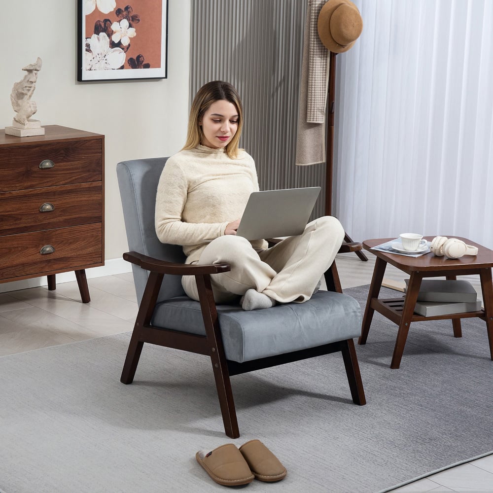 Portland Grey Velvet Solid Wood Frame Armchair Image 6