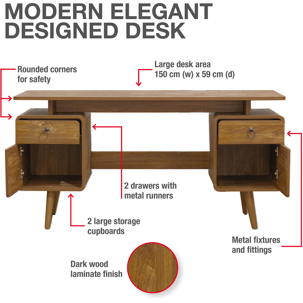 TTAP Arezzo Wood and Walnut Finish 2 Door 2 Drawer Executive Office Computer Desk Image 6