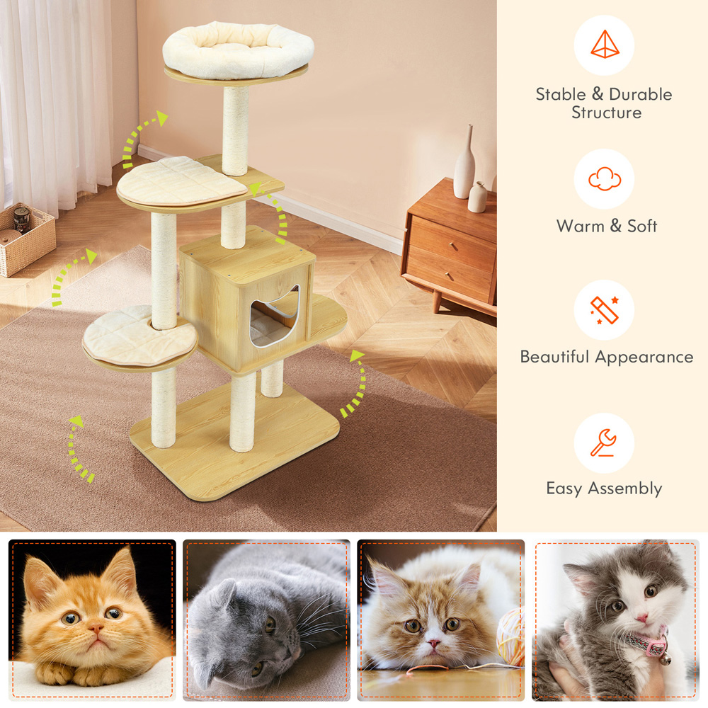 Costway 4 Tier Natural Cat Tree with Scratching Posts Condo Image 4