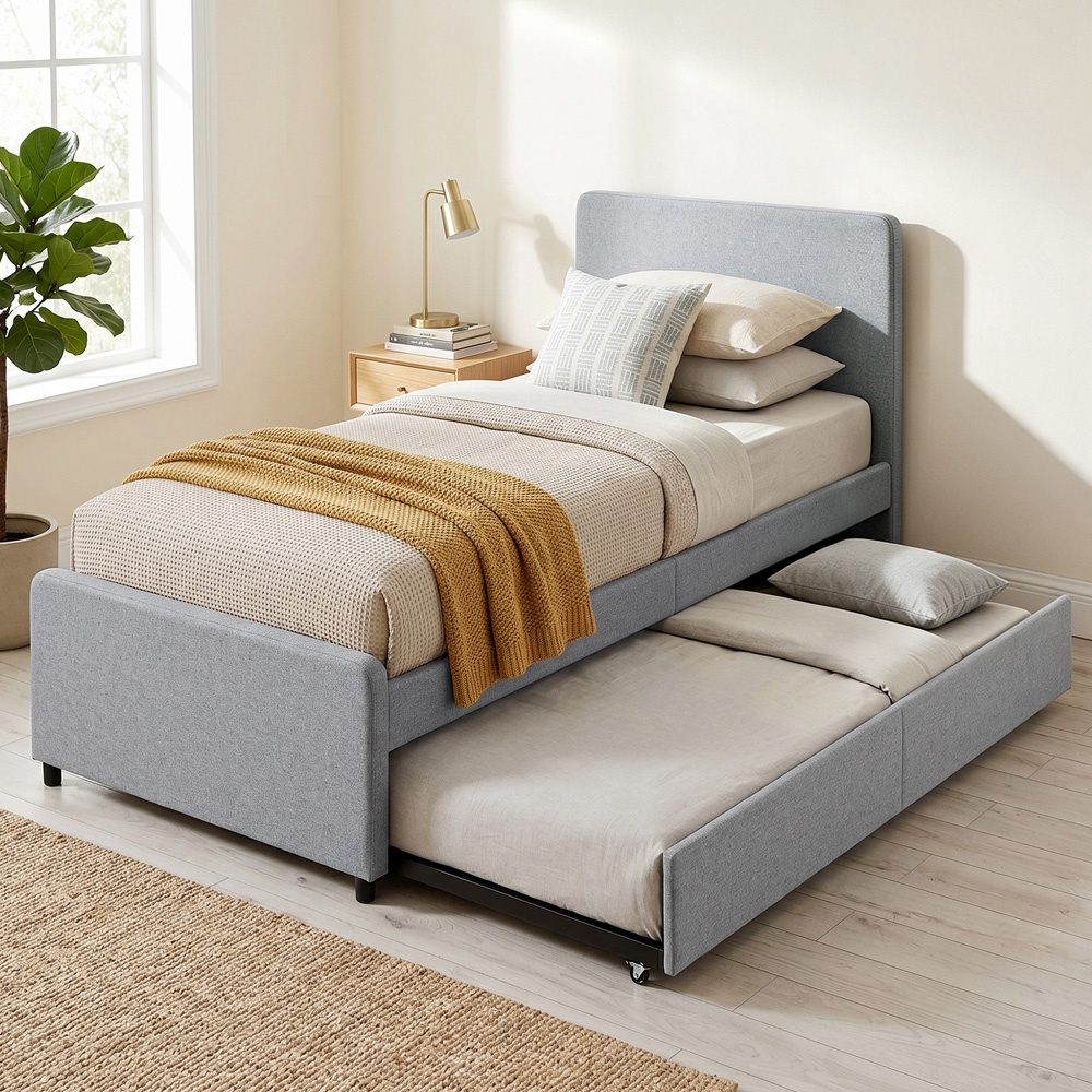 HOMCOM Single Light Grey Linen Look Upholstered Bed with Pull Out Trundle Image