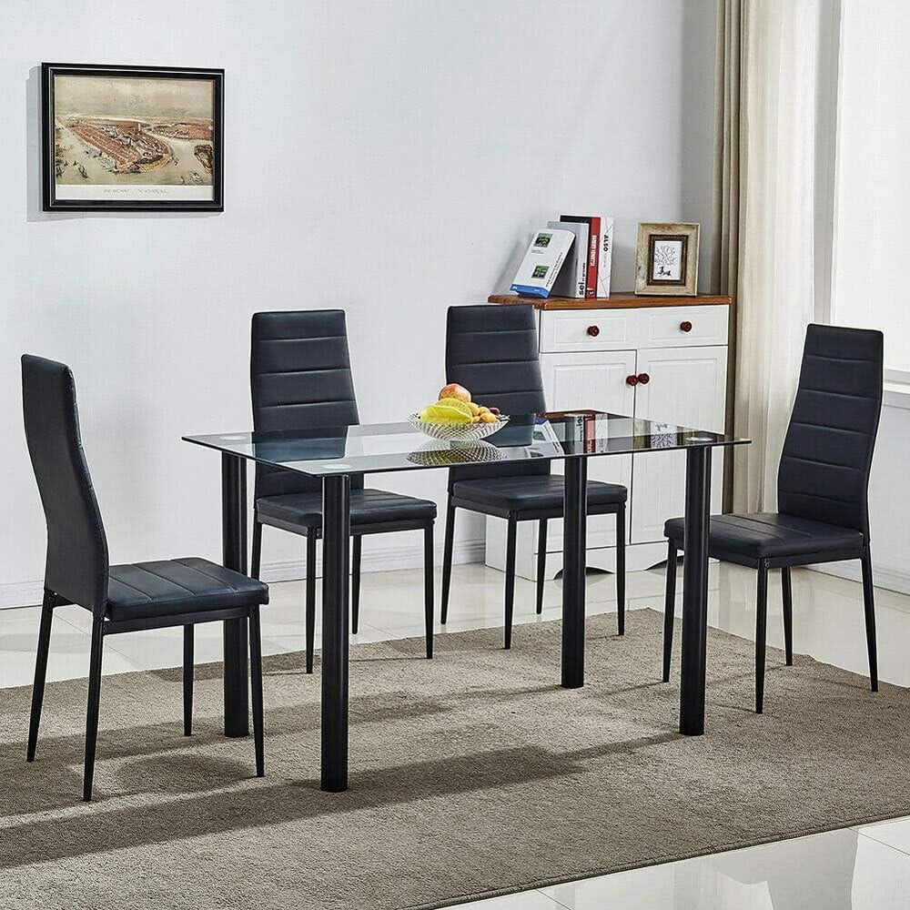 Portland Glass 4 Seater Leather Dining Set Black Image 1