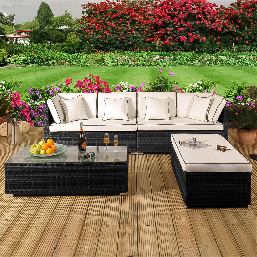 Brooklyn 6 Seater Black Rattan Garden Sofa Set with Cover Image 1