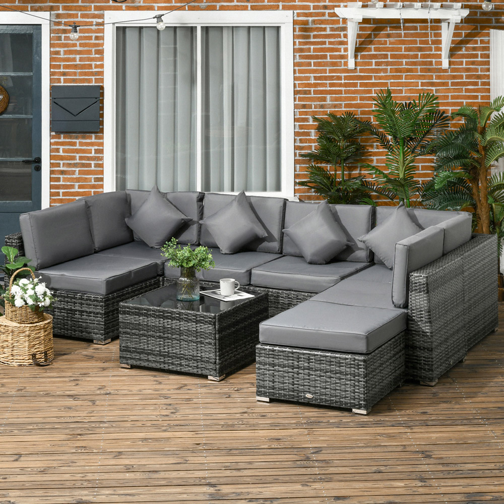 Outsunny 7 Seater Grey PE Rattan Garden Corner Lounge Set Image 1