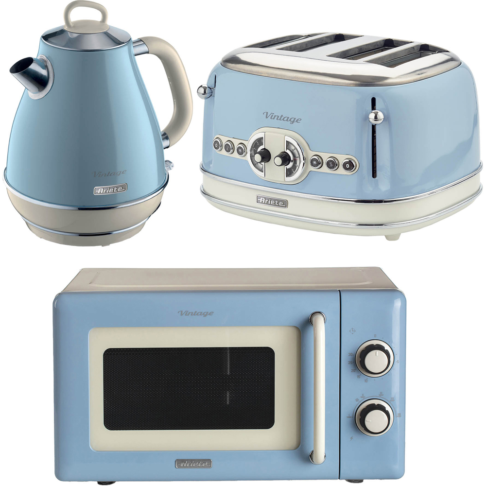 Ariete Vintage ARPK63 Blue 20L Microwave with 4 Slice Toaster and 1.7L Jug Kettle Set Image 1