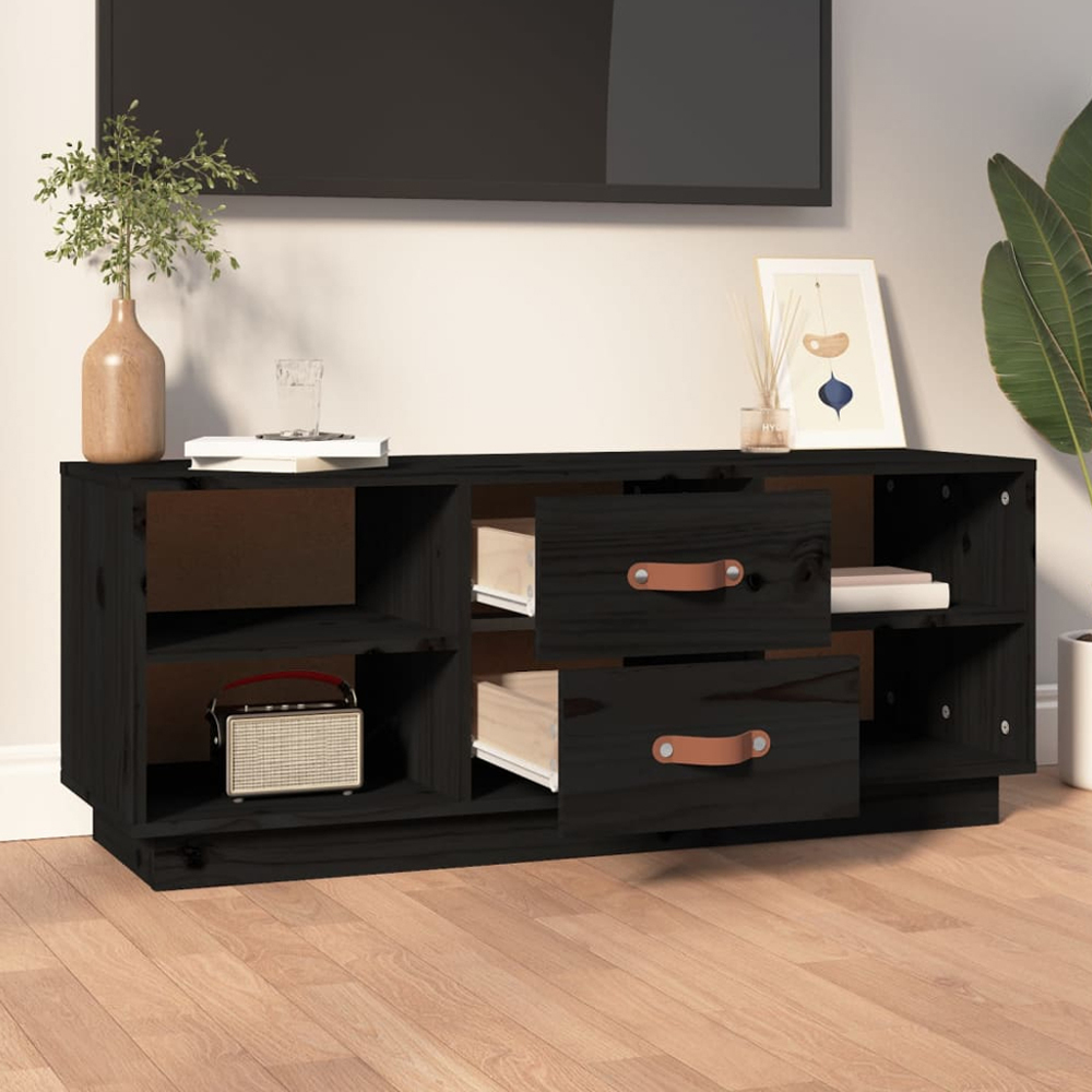 vidaXL 2 Drawer 4 Shelf Black Solid Pine Wood TV Cabinet Image 1