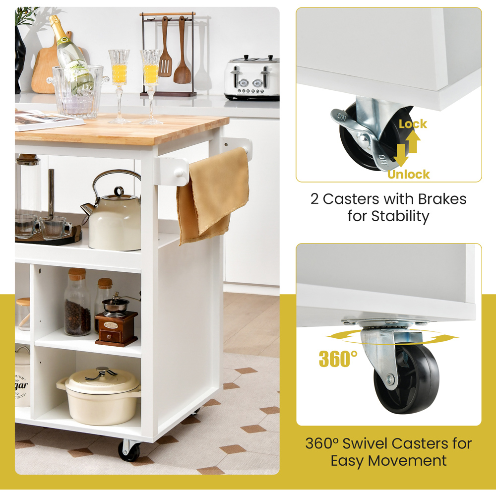 Costway Single Drawer 5 Shelf 4 Cube Brown Rubberwood Top Mobile Serving Trolley Cart Image 5
