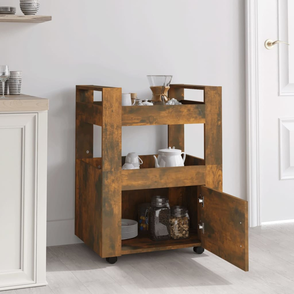 vidaXL Single Door 2 Shelf Smoked Oak Kitchen Trolley Image 8