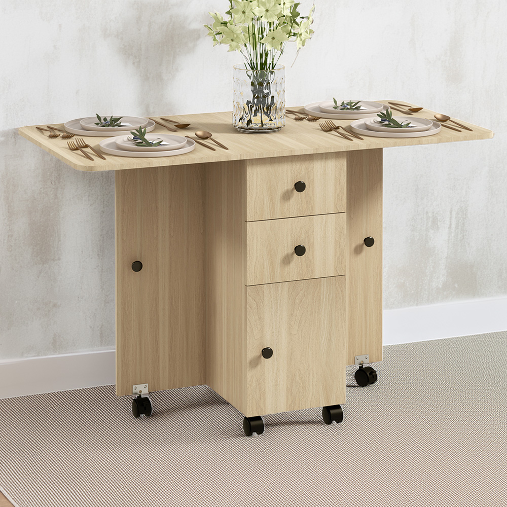 HOMCOM 6 Seater Natural Wood Drop Leaf Dining Table Image 1