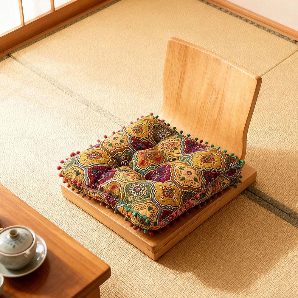 Living and Home Yellow Turkish Style Square Seat Cushion with Pom Pom Trim 40 x 40cm Image 6
