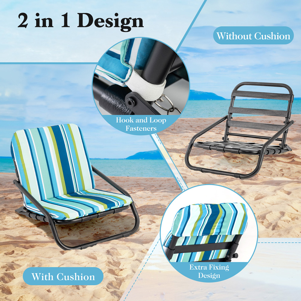 Costway Set of 2 Blue Low Folding Beach Chairs with Cushions Image 5