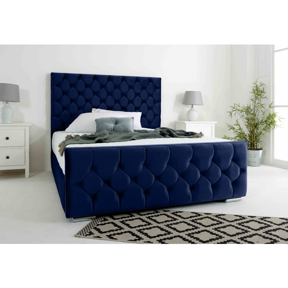 Eleganza Maya Small Double Blue Plush Velvet Bed Frame with Chesterfield Headboard Image 2