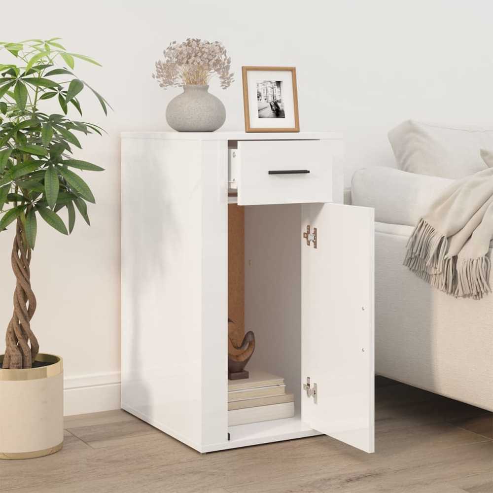 vidaXL Single Door Single Drawer High Gloss White Wooden Desk Cabinet Image 7
