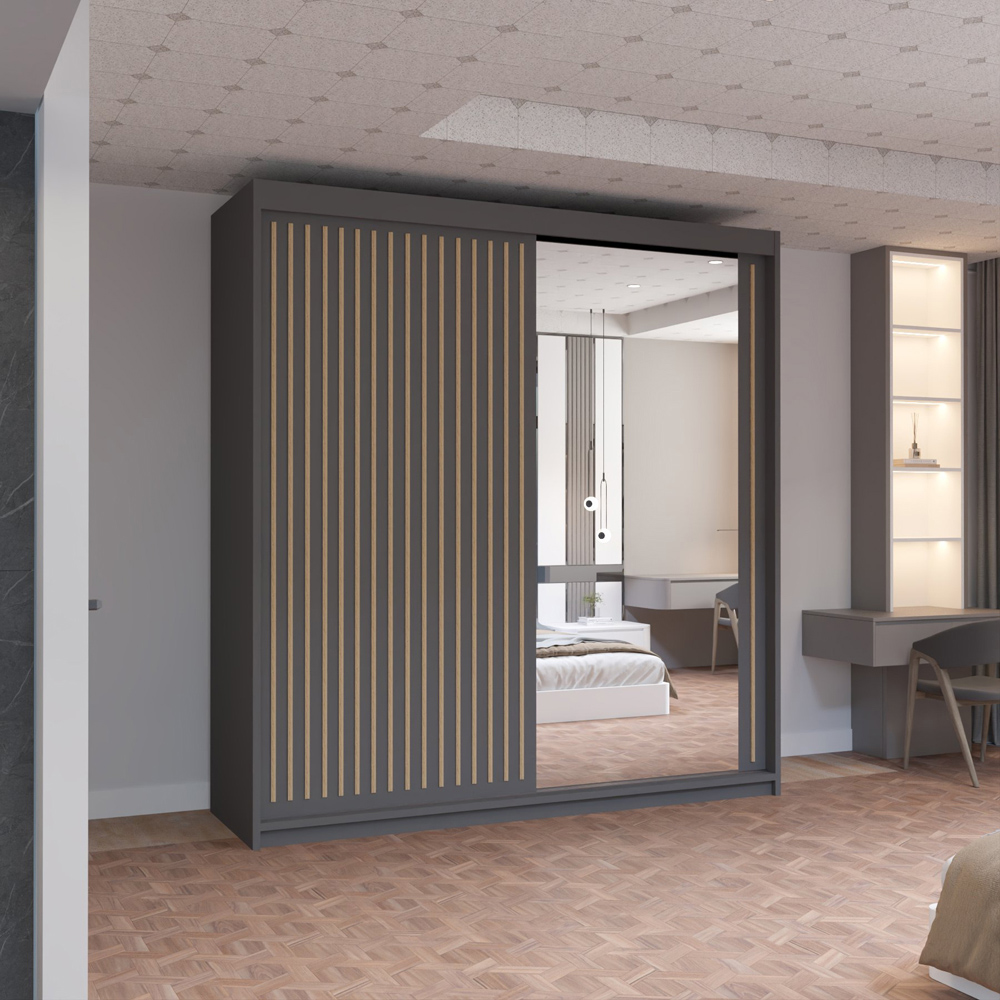 M N Furniture Roman 2 Door Grey and Oak Mirrored Sliding Wardrobe 150cm Image 4